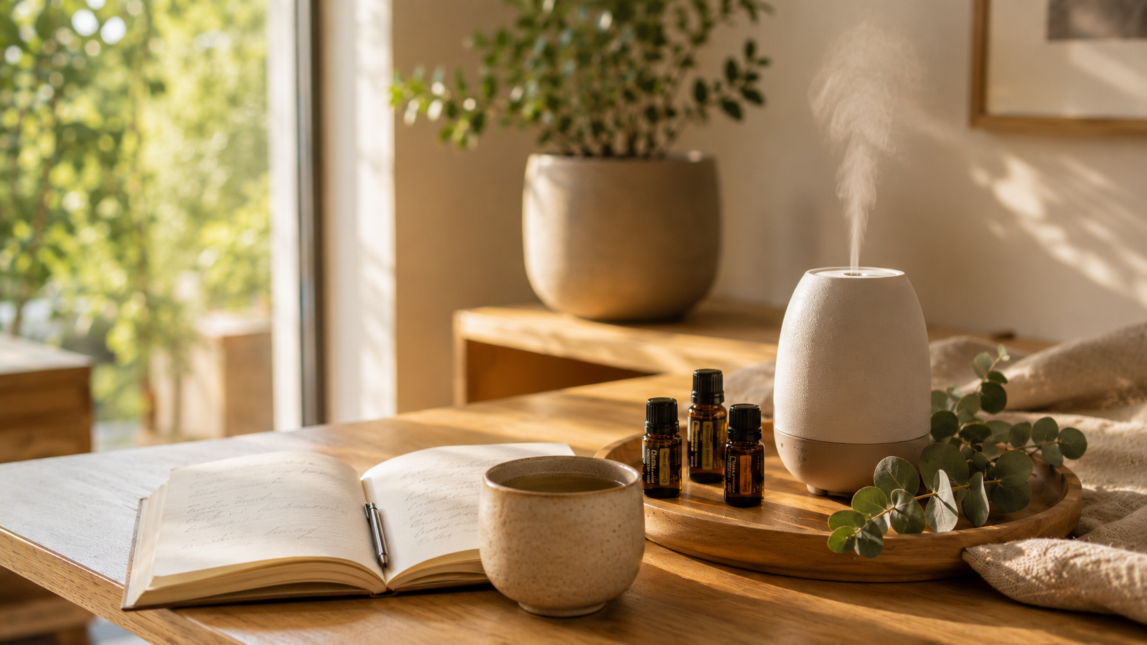 Diffuser, ätherische Öle und eine Tasse in ruhiger Atmosphäre